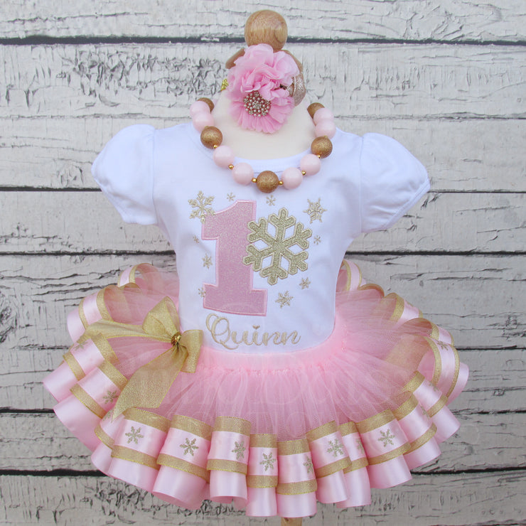 Winter ONEderland Snowflake Ribbon Trimmed Tutu Birthday Outfit for Girls in Pink and Gold