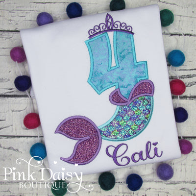 Personalized Mermaid Tail Appliqué Birthday Shirt in Purple and Teal