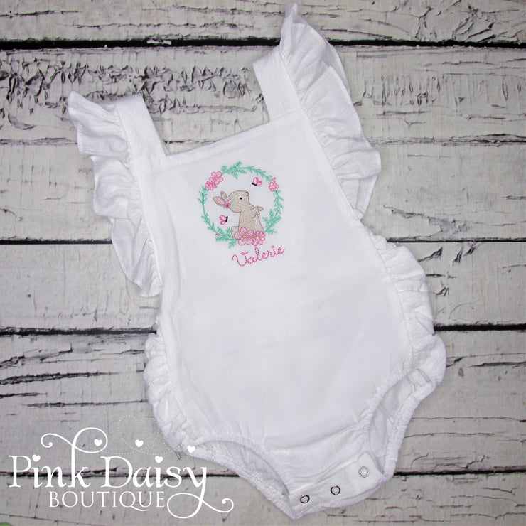 Baby Girls Easter Sunsuit with Bunny and Flowers