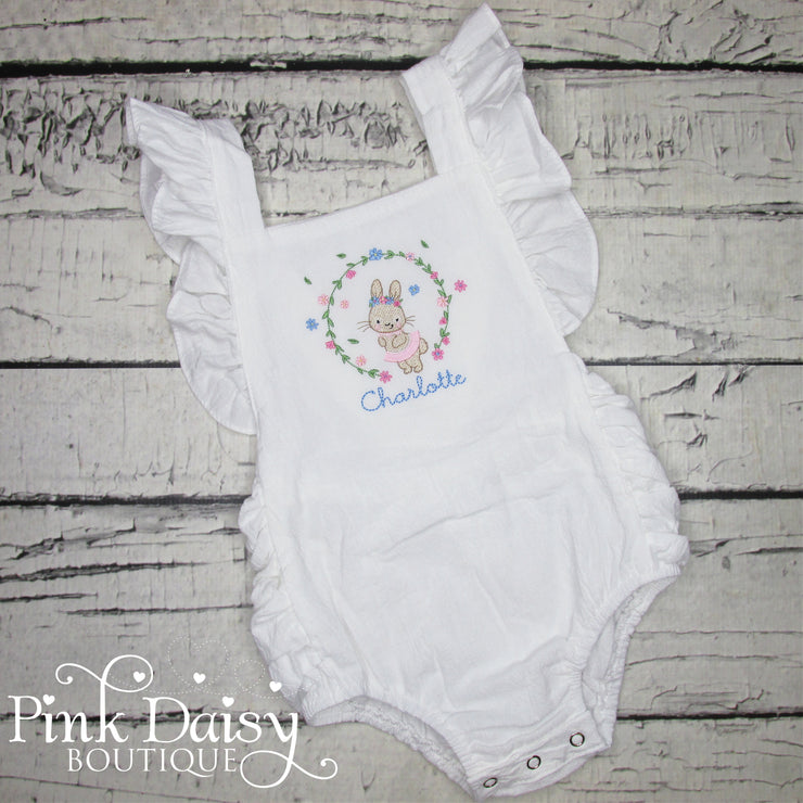Baby Girls Easter Sunsuit with Bunny and Flowers