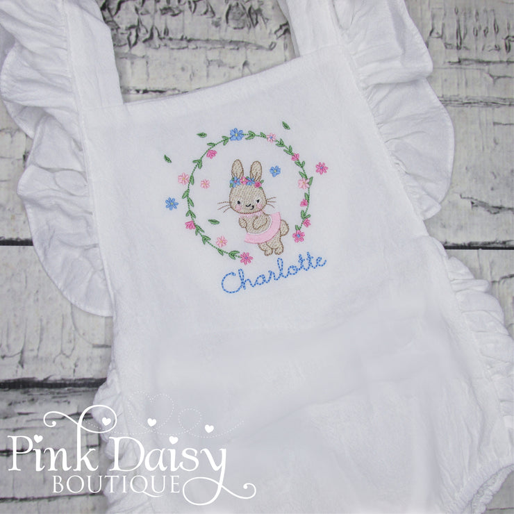 Baby Girls Easter Sunsuit with Bunny and Flowers