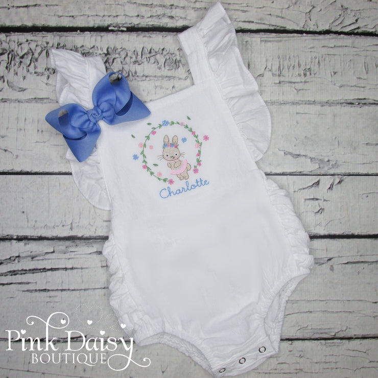 Baby Girls Easter Sunsuit with Bunny and Flowers