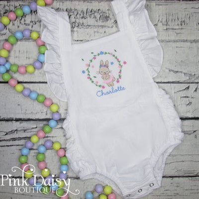 Baby Girls Easter Sunsuit with Bunny and Flowers