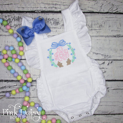Baby Girls Monogrammed Easter Sunsuit with Bunnies and Tulips