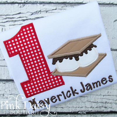Personalized S'mores Camping Birthday Shirt for Boys in Red Gingham and Brown