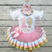 Hot Air Balloon Appliqué Birthday Shirt in Pink, Blue, and Gold