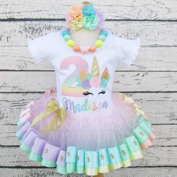 Birthday Tutu Outfit with Floral Unicorn Face in Pastel Rainbow Colors