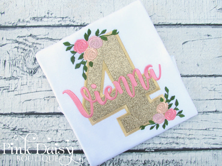 Gold Floral Birthday Shirt with Floral Accents